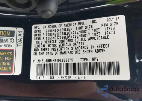 2015 Honda Cr-V Ex-L from USA, damaged, VIN 5J6RM4H71FL038875